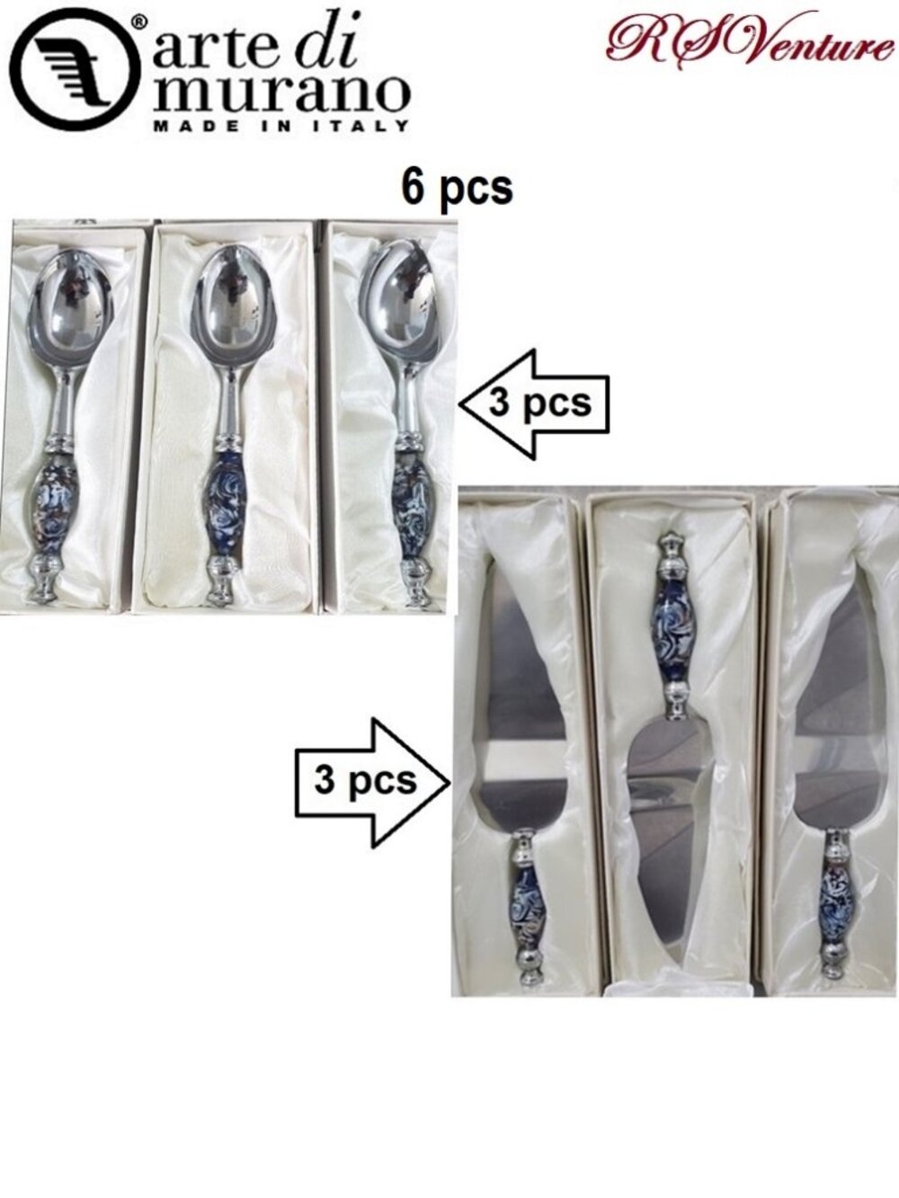 6 Murano Art Blue and White. 3 Ice Cream Scoopers & 3 Cake Servers